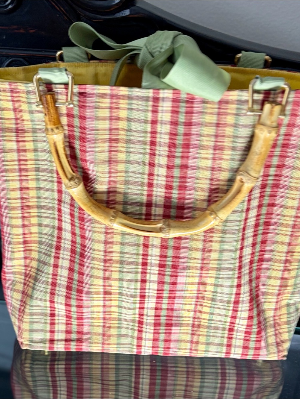 Plaid Straw Tote Bag with Bamboo Handles in Red & Green - Picture 8 of 11